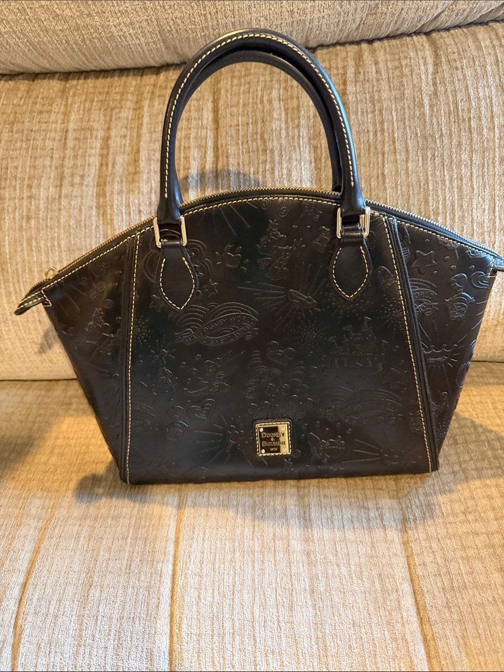 Dooney & Bourke Black Embossed Dome Satchel with Contrast Stitching